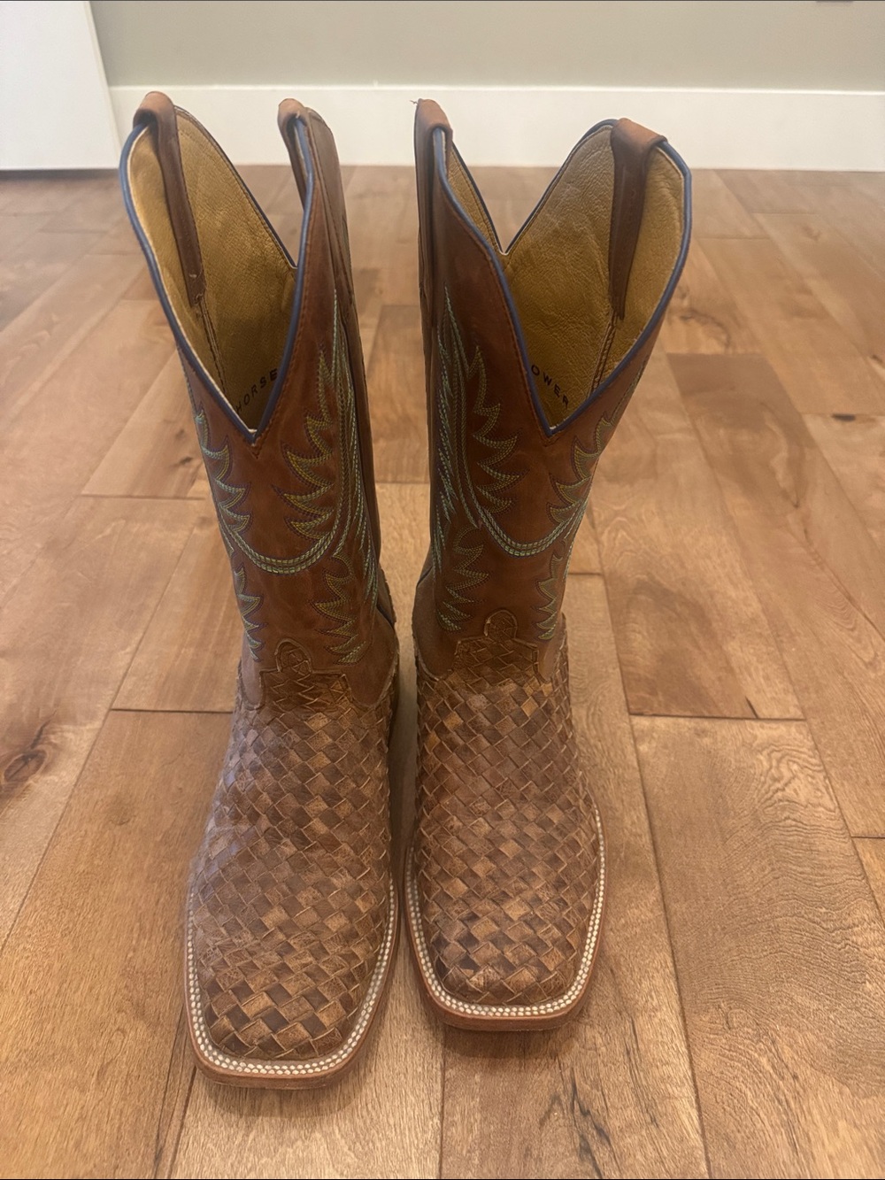 Horsepower Men's Brown Woven Leather Cowboy Boots with Embroidered Shaft size 11